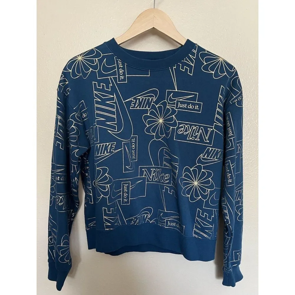 Nike Logo‎ Just Do It Blue/Green and Gold Crewneck Sweatshirt Women's Small GUC